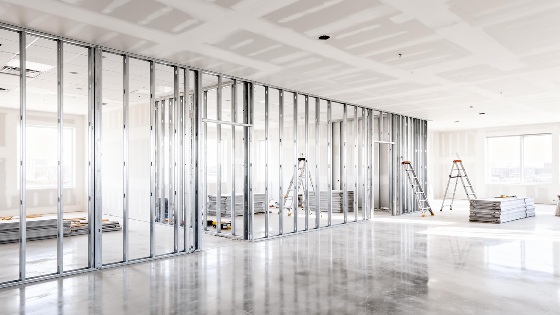 Commercial interior construction site with metal stud framing and drywall — DIMZ Construction
